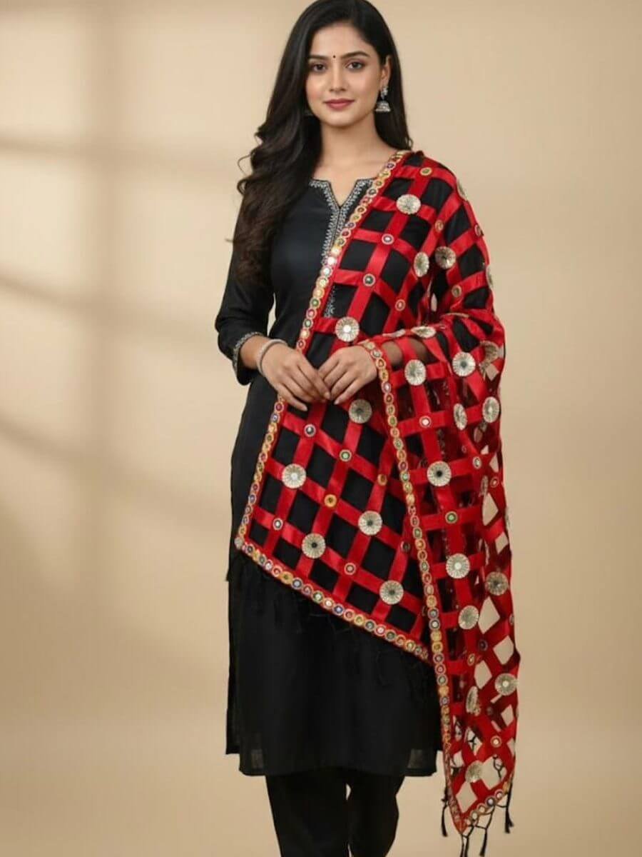 Red and black ribbon lattice dupatta with mirrors