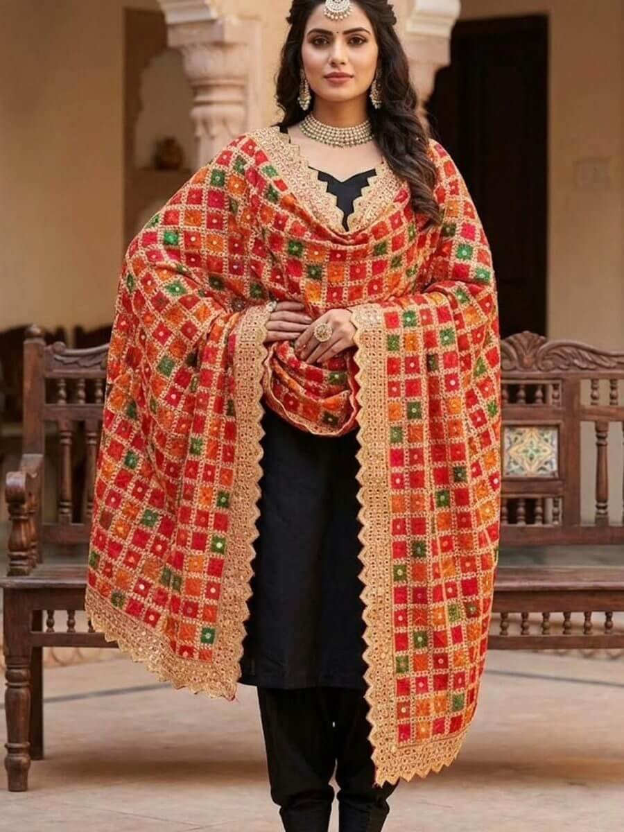 Multicolour phulkari-style mirror dupatta with crochet border