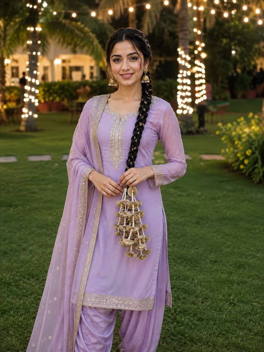 Golden parandi worn with a lilac suit under garden lights
