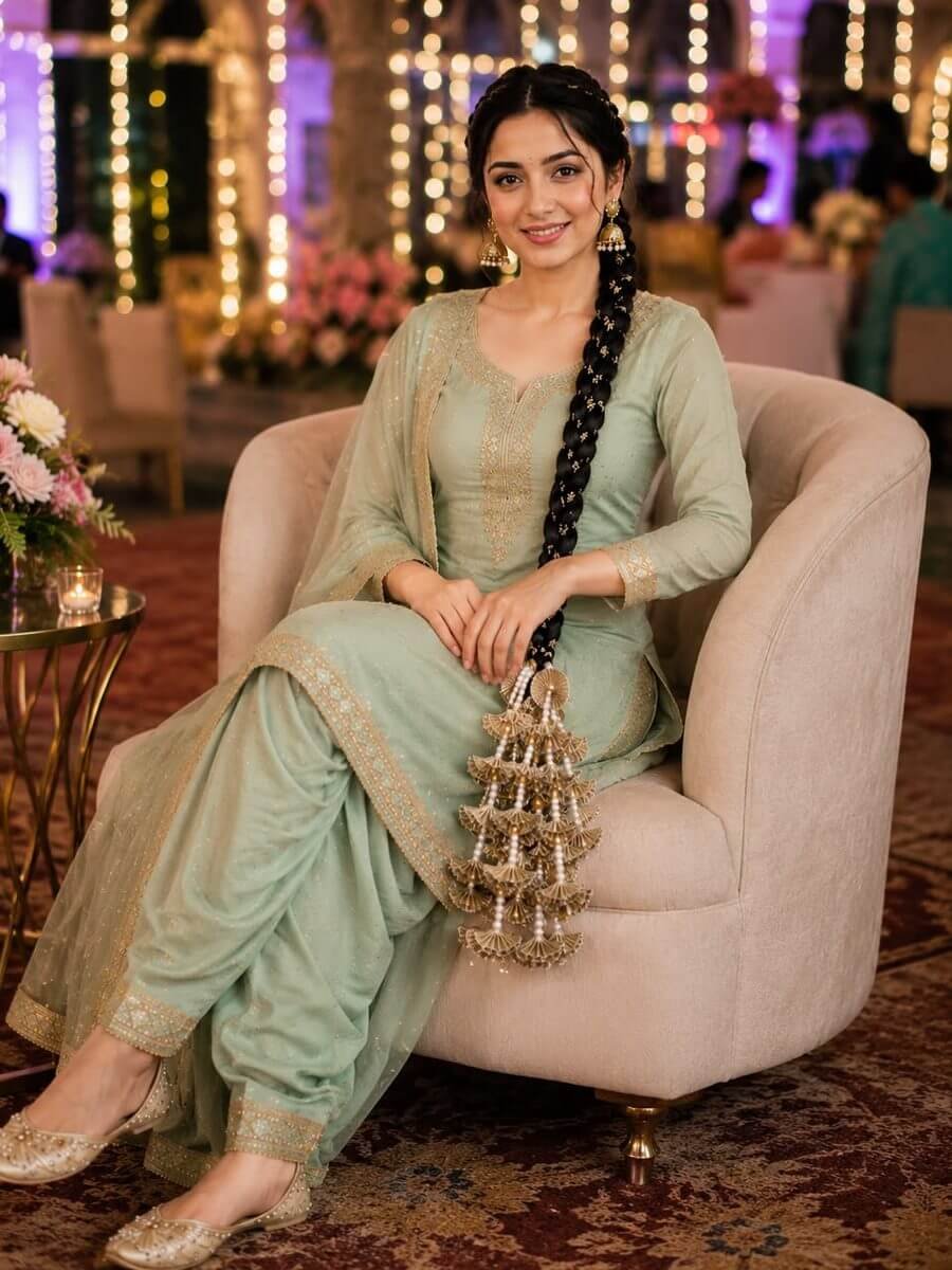 Gold and pearl parandi worn with a sage green suit