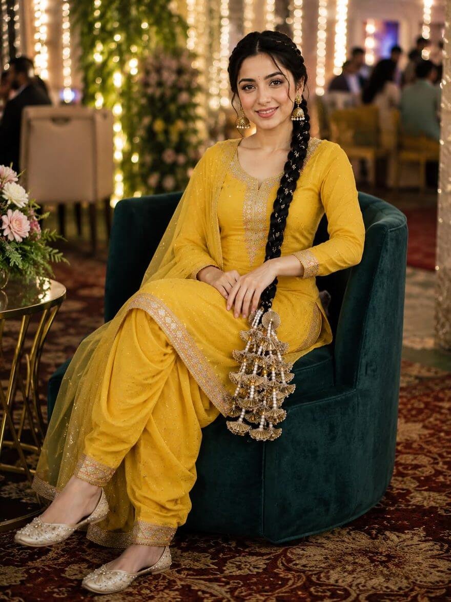 Golden pearl parandi braided into hair, worn with a yellow suit