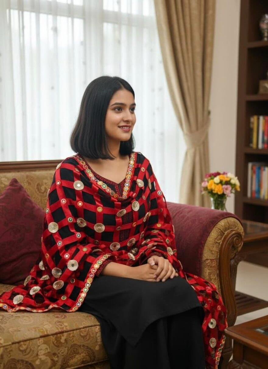 Red and black ribbon lattice dupatta with mirror discs