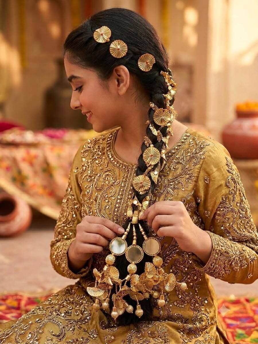 Braid dressed with gold discs and a mirrored latkan, worn with a mustard suit