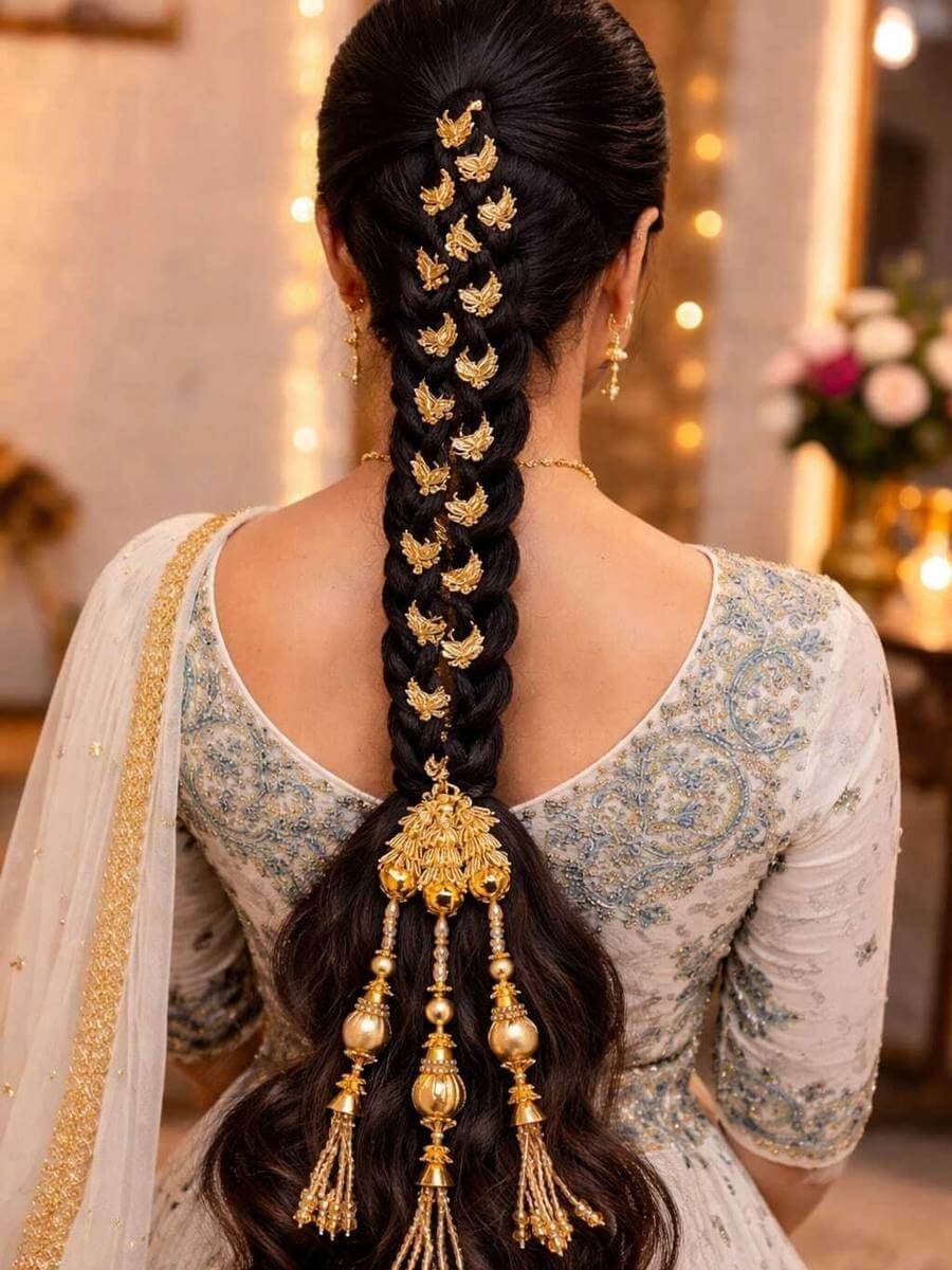 Bridal braid dressed with gold clips and a heavy gold latkan